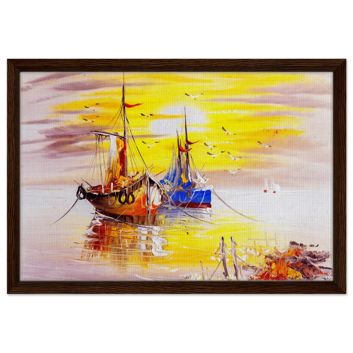 Golden Sunrise Harbour – Nautical Wall Art Print - Framed Canvas - 40x60 cm / 16x24″ - Dark wood frame