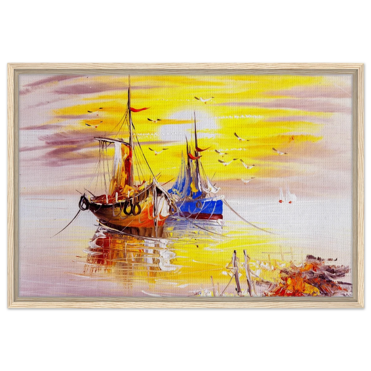 Golden Sunrise Harbour – Nautical Wall Art Print - Framed Canvas - 50x75 cm / 20x30″ - Wood frame
