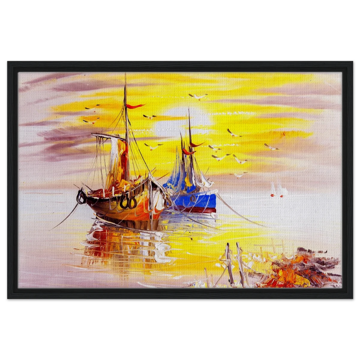 Golden Sunrise Harbour – Nautical Wall Art Print - Framed Canvas - 50x75 cm / 20x30″ - Black frame