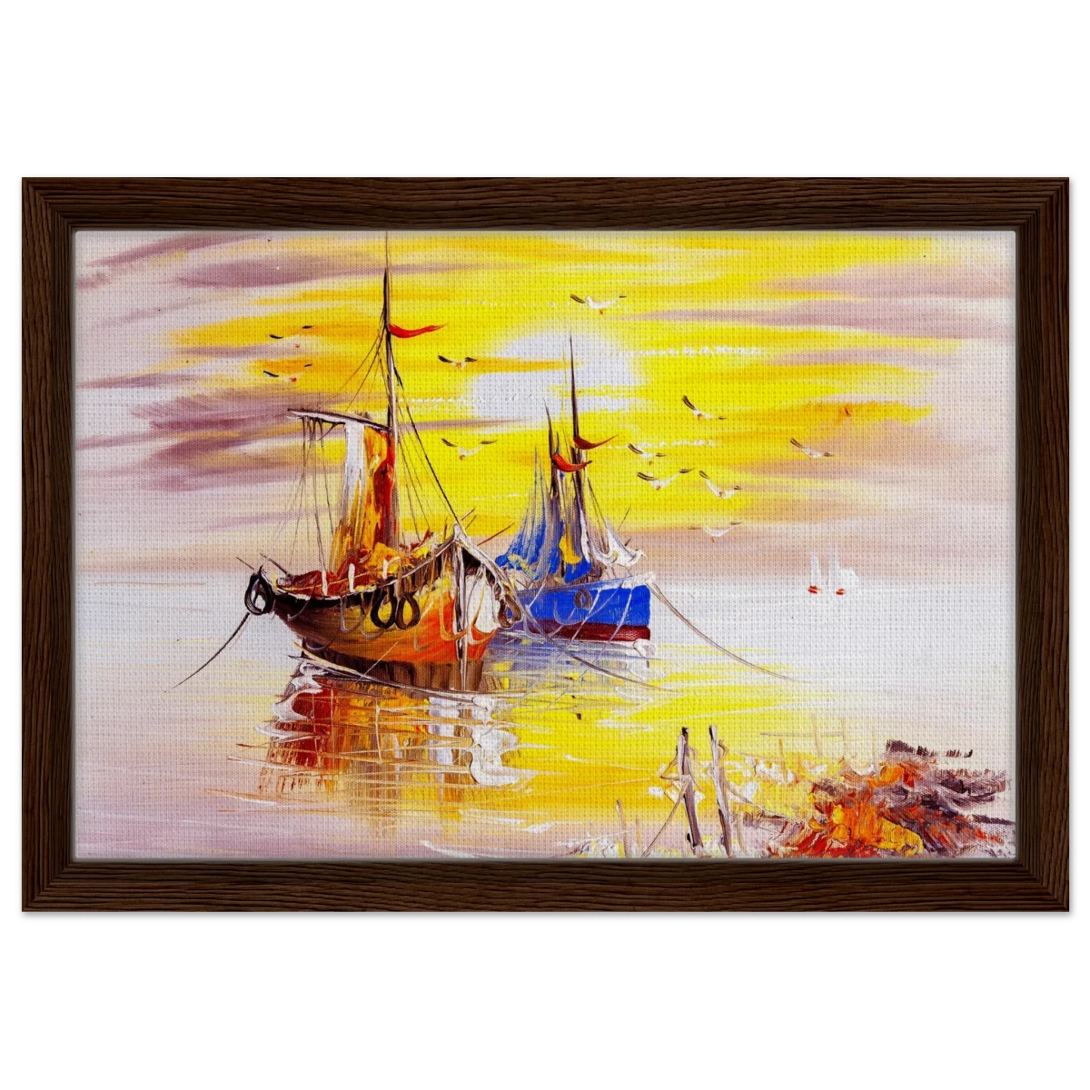 Golden Sunrise Harbour – Nautical Wall Art Print - Framed Canvas - 30x45 cm / 12x18″ - Dark wood frame