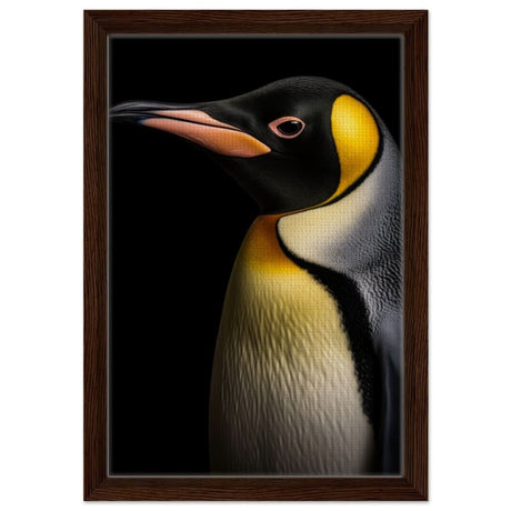 Golden Tuxedo: The Playful Penguin | Animal Art Print - Framed Canvas - 30x45 cm / 12x18″ - Dark wood frame