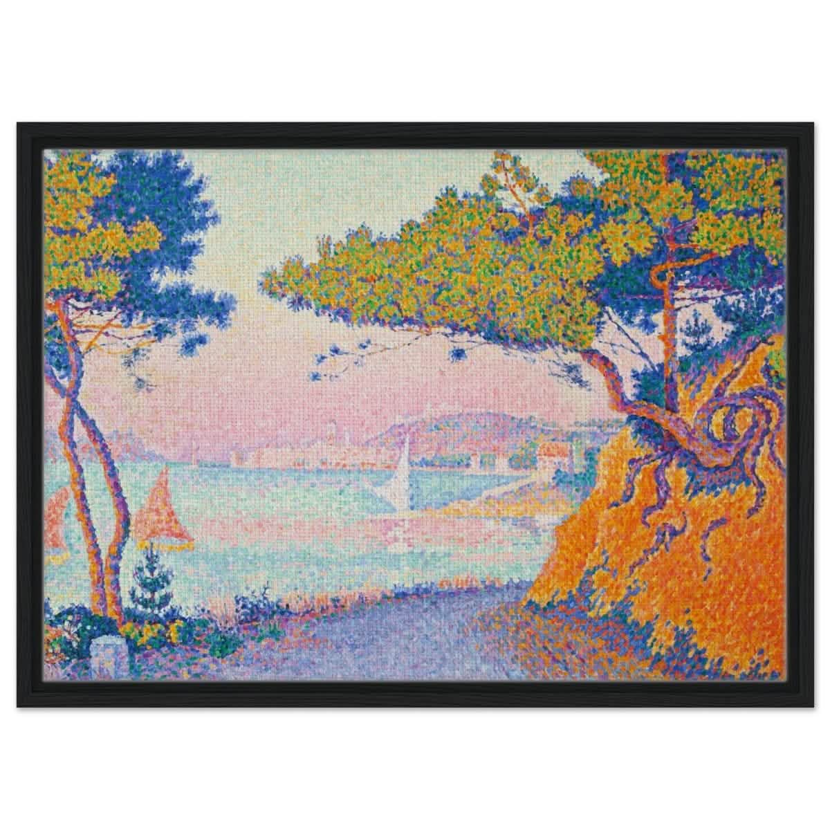 Golfe Juan (1896) painting by Paul Signac | Vintage wall art print - Framed Canvas - 50x70 cm / 20x28″ - Black frame