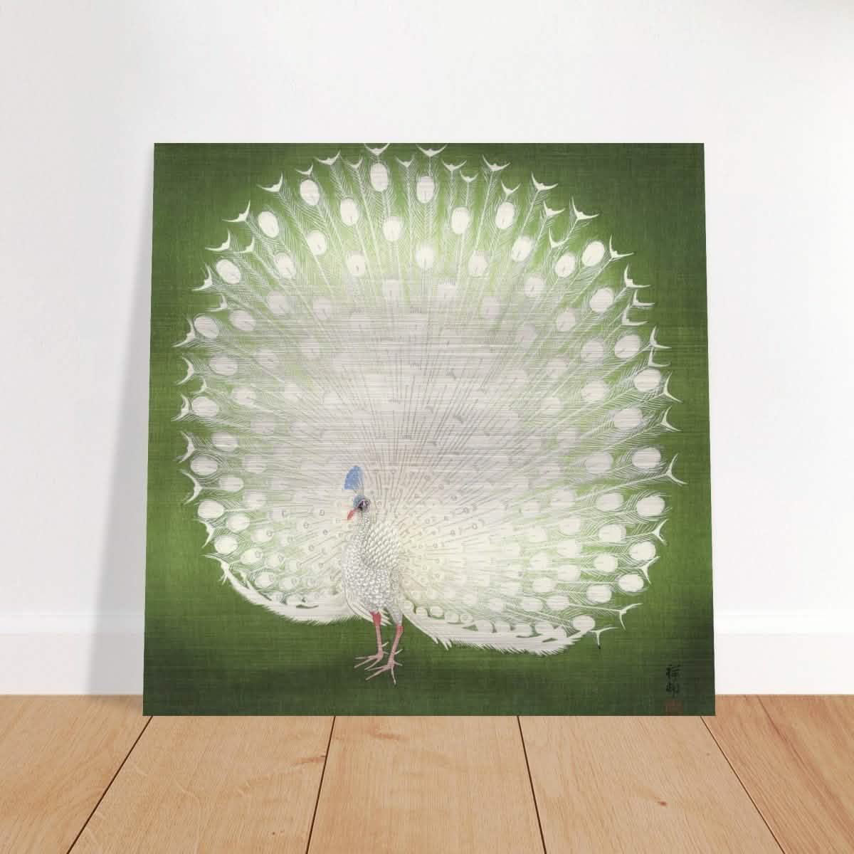 Green Peacock by Ohara Koson | Wall art Print - 60x60 cm / 24x24″ - Brushed Aluminum Print -