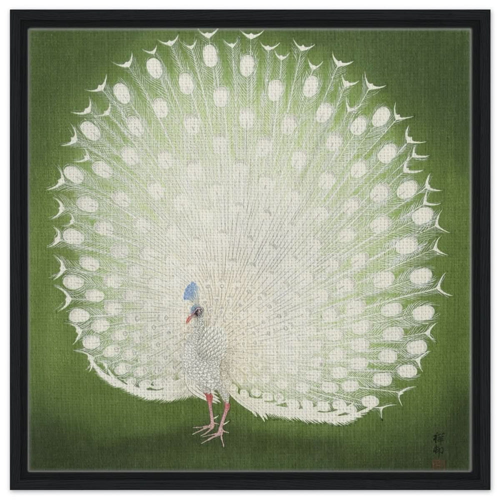 Green Peacock by Ohara Koson | Wall art Print - 60x60 cm / 24x24″ - Framed Canvas - Black frame