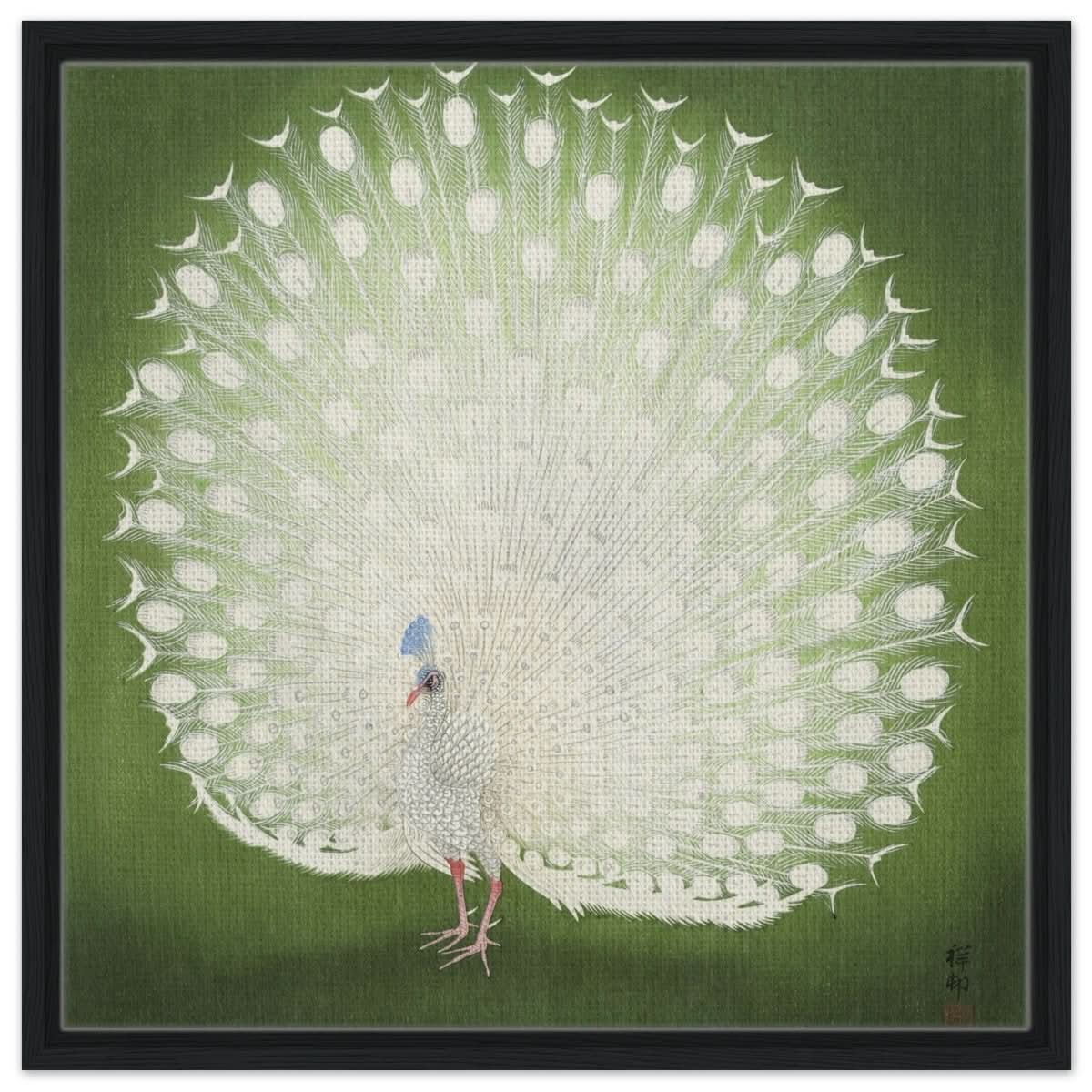 Green Peacock by Ohara Koson | Wall art Print - 60x60 cm / 24x24″ - Framed Canvas - Black frame