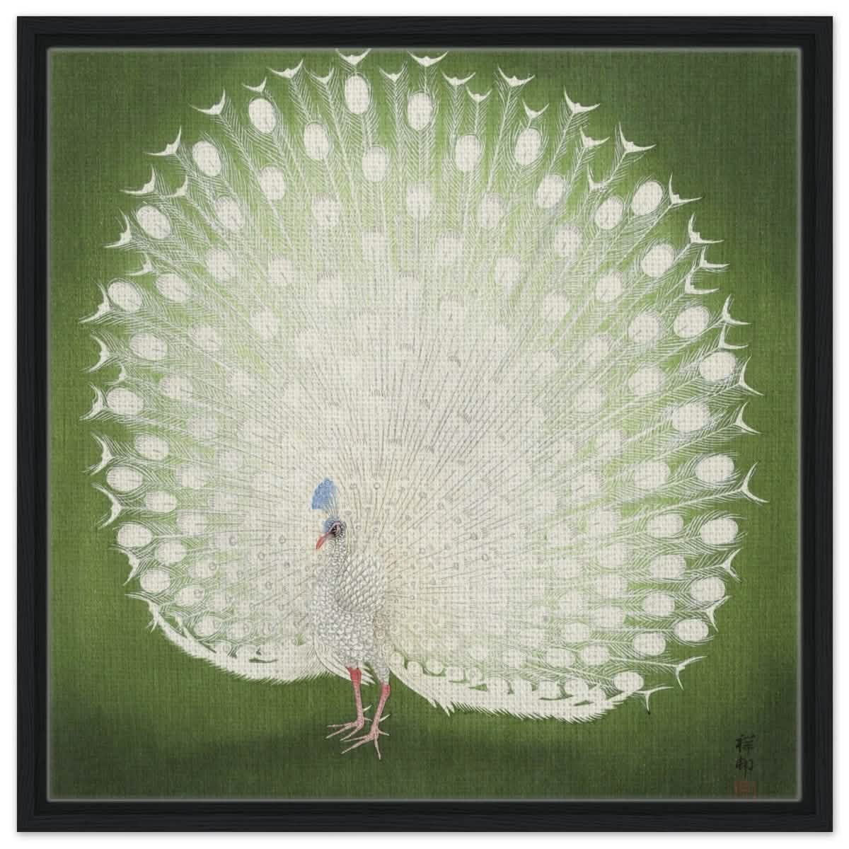 Green Peacock by Ohara Koson | Wall art Print - 60x60 cm / 24x24″ - Framed Canvas - Black frame