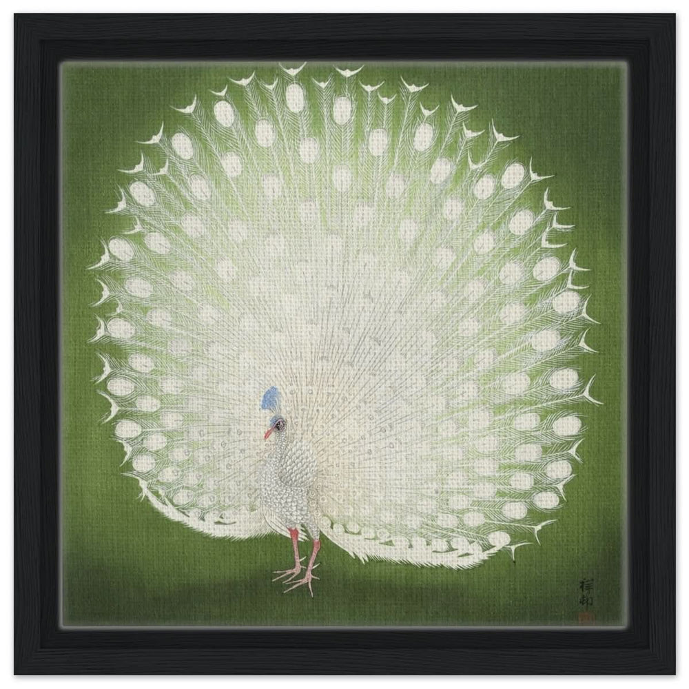 Green Peacock by Ohara Koson | Wall art Print - 30x30 cm / 12x12″ - Framed Canvas - Black frame