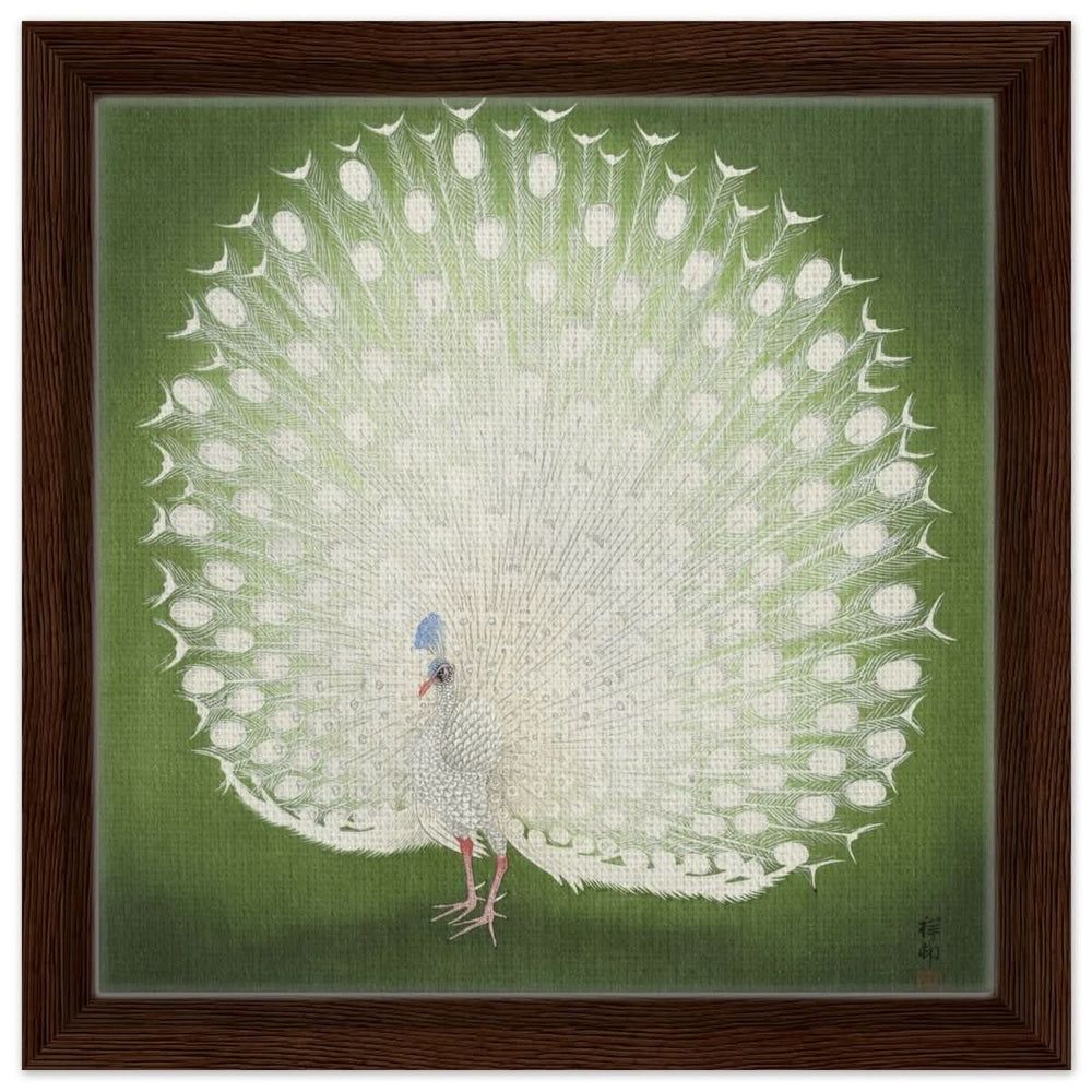 Green Peacock by Ohara Koson | Wall art Print - 30x30 cm / 12x12″ - Framed Canvas - Dark wood frame