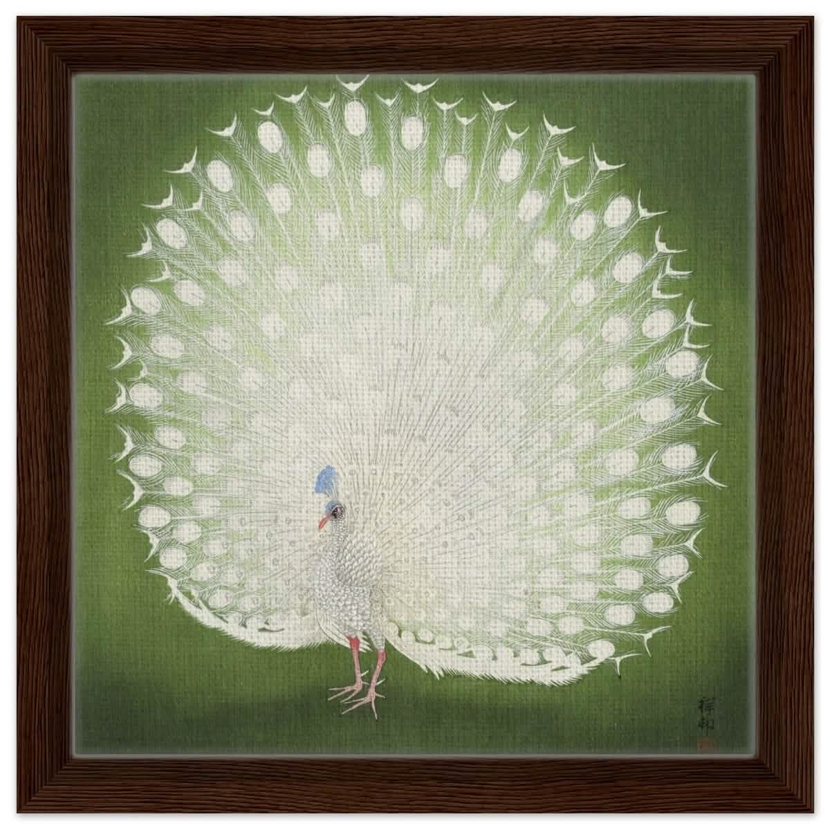 Green Peacock by Ohara Koson | Wall art Print - 30x30 cm / 12x12″ - Framed Canvas - Dark wood frame