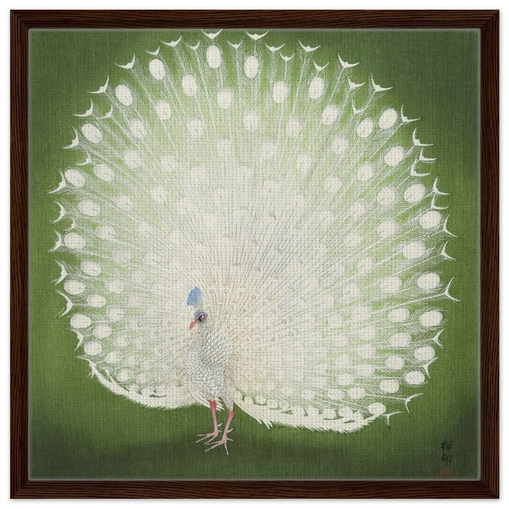 Green Peacock by Ohara Koson | Wall art Print - 60x60 cm / 24x24″ - Framed Canvas - Dark wood frame