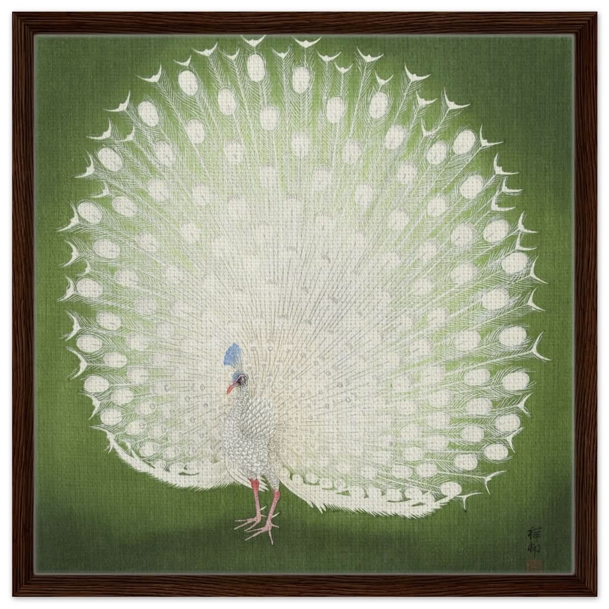 Green Peacock by Ohara Koson | Wall art Print - 60x60 cm / 24x24″ - Framed Canvas - Dark wood frame