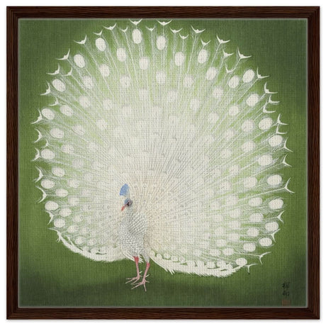 Green Peacock by Ohara Koson | Wall art Print - 60x60 cm / 24x24″ - Framed Canvas - Dark wood frame