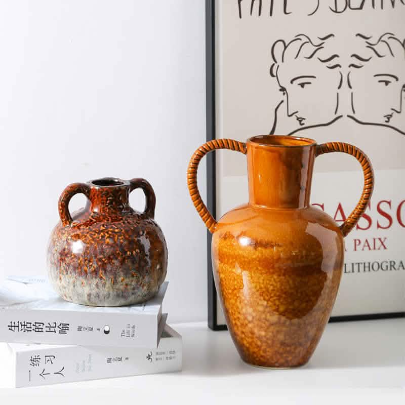 Handcrafted Ceramic Fambe Vases – Kiln - Baked Retro Decorative Ornaments - Butterfly Mouth Fambe Vase -