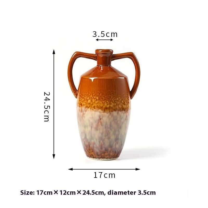 Handcrafted Ceramic Fambe Vases – Kiln - Baked Retro Decorative Ornaments - Narrow Mouth Double - Handle Vase -