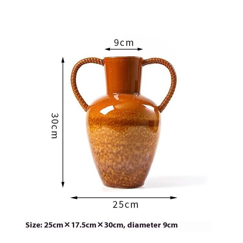 Handcrafted Ceramic Fambe Vases – Kiln - Baked Retro Decorative Ornaments - High Mouth Double - Handle Vase -