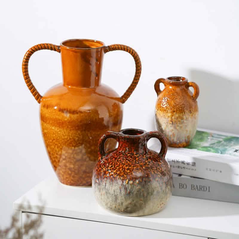 Handcrafted Ceramic Fambe Vases – Kiln - Baked Retro Decorative Ornaments - Butterfly Mouth Fambe Vase -