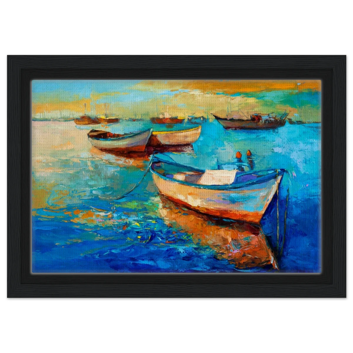 “Harbor Whispers” – Vibrant Boat Reflections on Canvas | Wall art Print - Framed Canvas - 20x30 cm / 8x12″ - Black frame