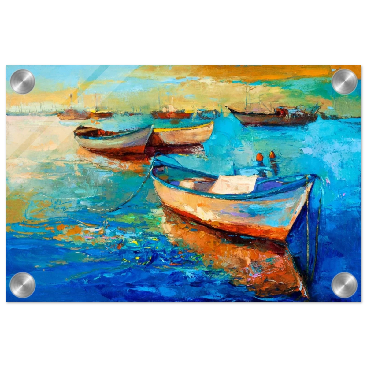 “Harbor Whispers” – Vibrant Boat Reflections on Canvas | Wall art Print - Acrylic Print - 20x30 cm / 8x12″ -