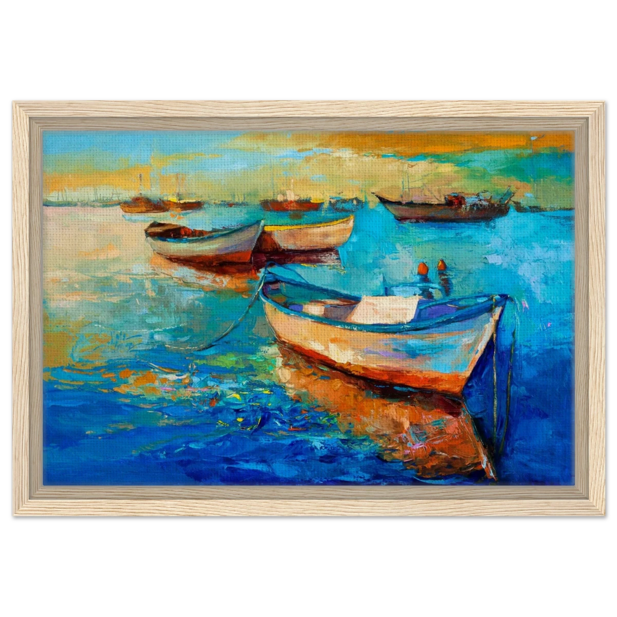 “Harbor Whispers” – Vibrant Boat Reflections on Canvas | Wall art Print - Framed Canvas - 30x45 cm / 12x18″ - Wood frame