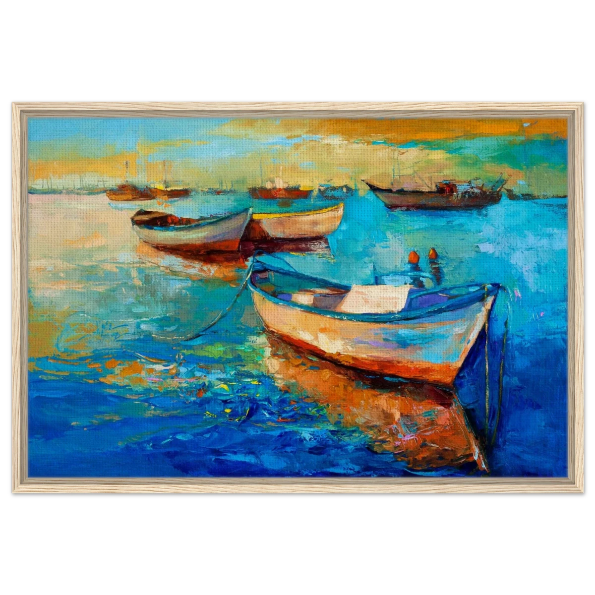 “Harbor Whispers” – Vibrant Boat Reflections on Canvas | Wall art Print - Framed Canvas - 60x90 cm / 24x36″ - Wood frame