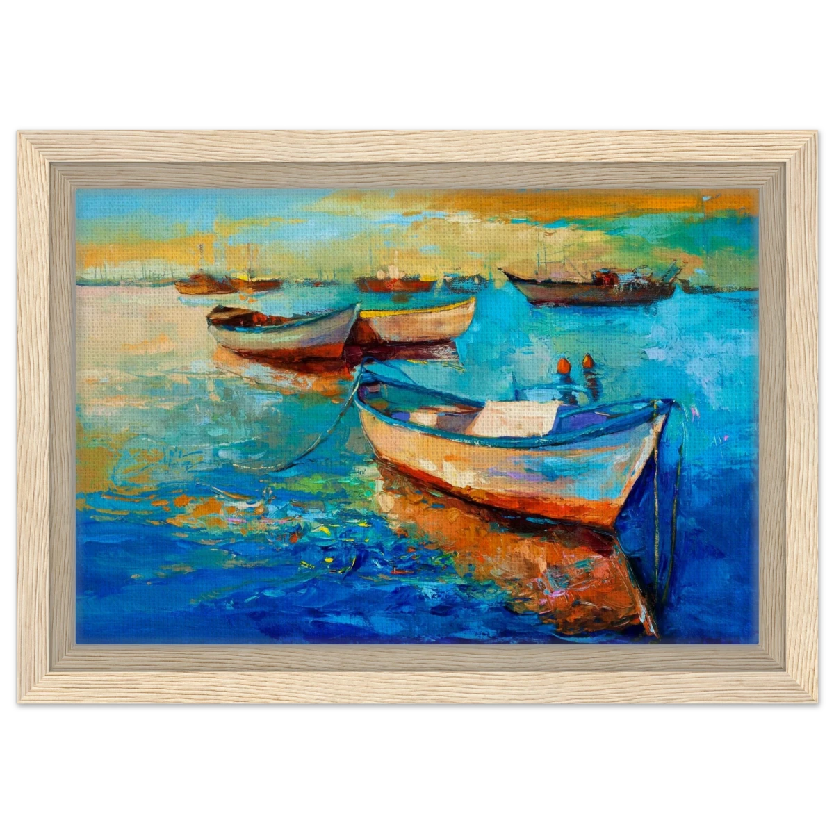 “Harbor Whispers” – Vibrant Boat Reflections on Canvas | Wall art Print - Framed Canvas - 20x30 cm / 8x12″ - Wood frame