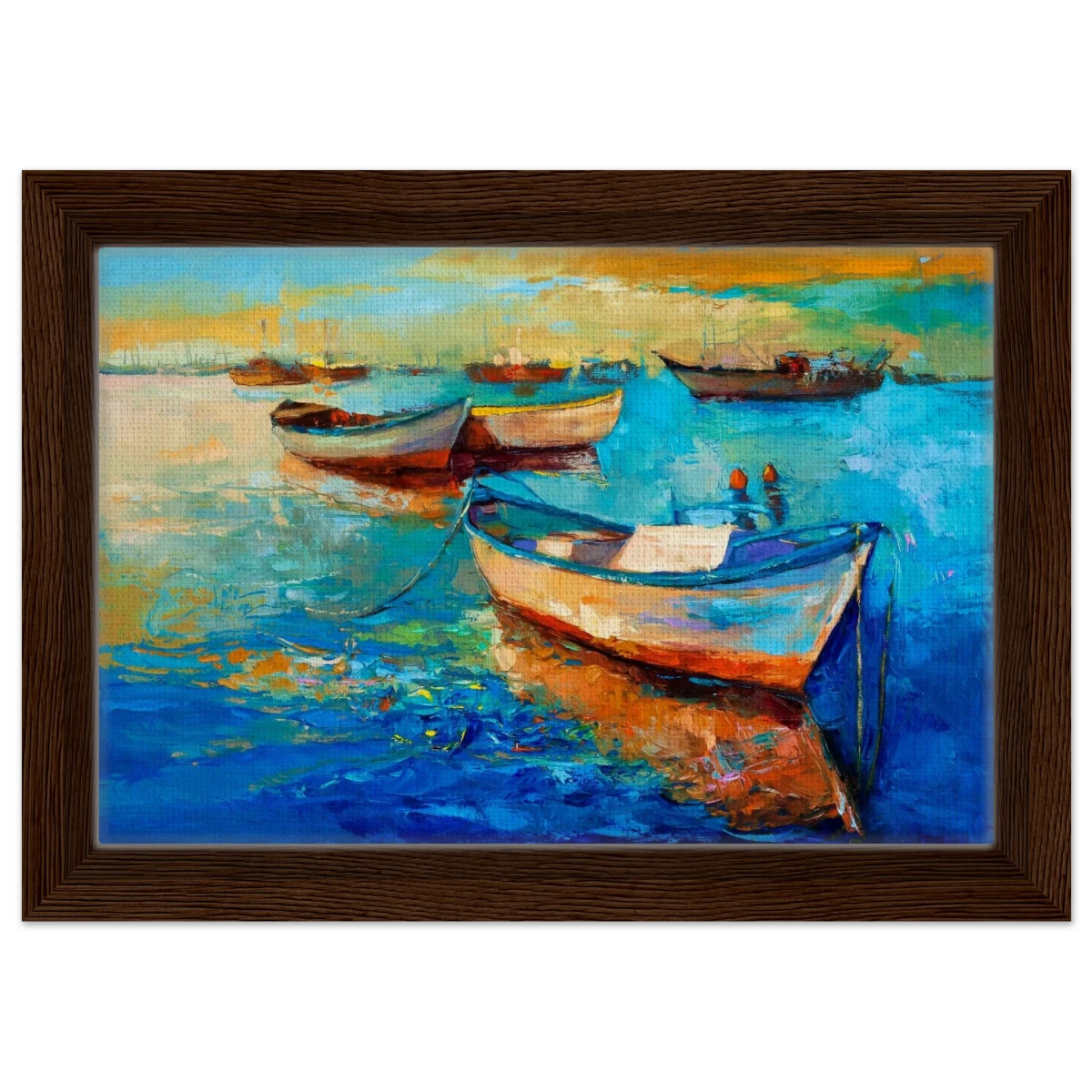 “Harbor Whispers” – Vibrant Boat Reflections on Canvas | Wall art Print - Framed Canvas - 20x30 cm / 8x12″ - Dark wood frame