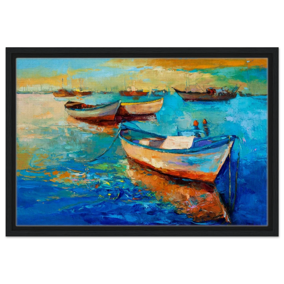 “Harbor Whispers” – Vibrant Boat Reflections on Canvas | Wall art Print - Framed Canvas - 40x60 cm / 16x24″ - Black frame