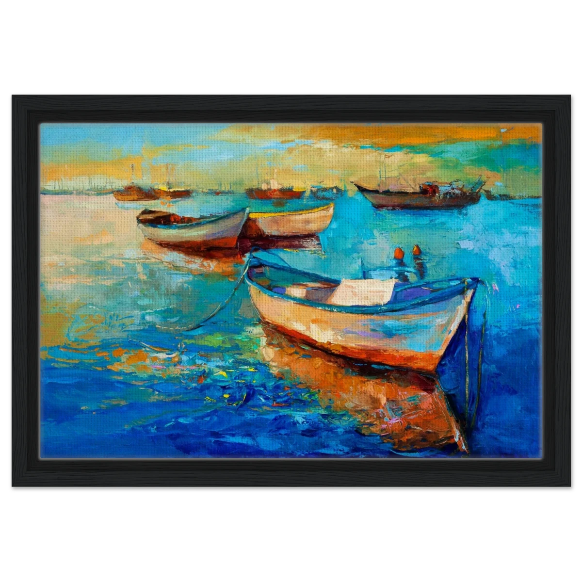 “Harbor Whispers” – Vibrant Boat Reflections on Canvas | Wall art Print - Framed Canvas - 30x45 cm / 12x18″ - Black frame