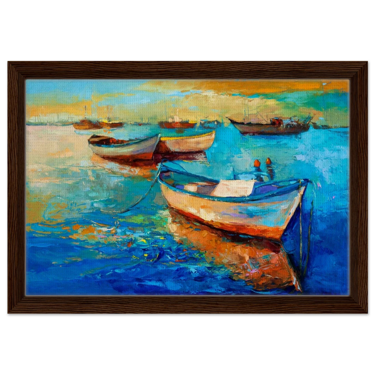 “Harbor Whispers” – Vibrant Boat Reflections on Canvas | Wall art Print - Framed Canvas - 30x45 cm / 12x18″ - Dark wood frame
