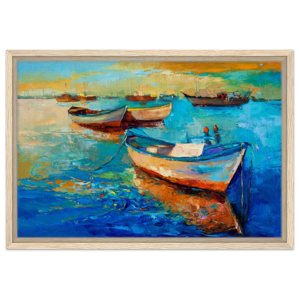 “Harbor Whispers” – Vibrant Boat Reflections on Canvas | Wall art Print - Framed Canvas - 40x60 cm / 16x24″ - Wood frame
