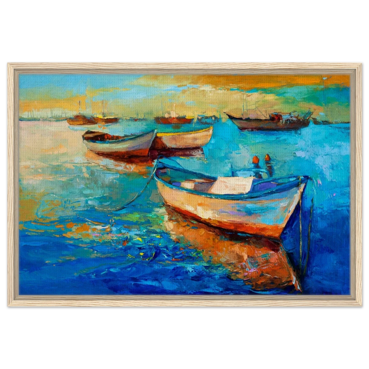 “Harbor Whispers” – Vibrant Boat Reflections on Canvas | Wall art Print - Framed Canvas - 50x75 cm / 20x30″ - Wood frame