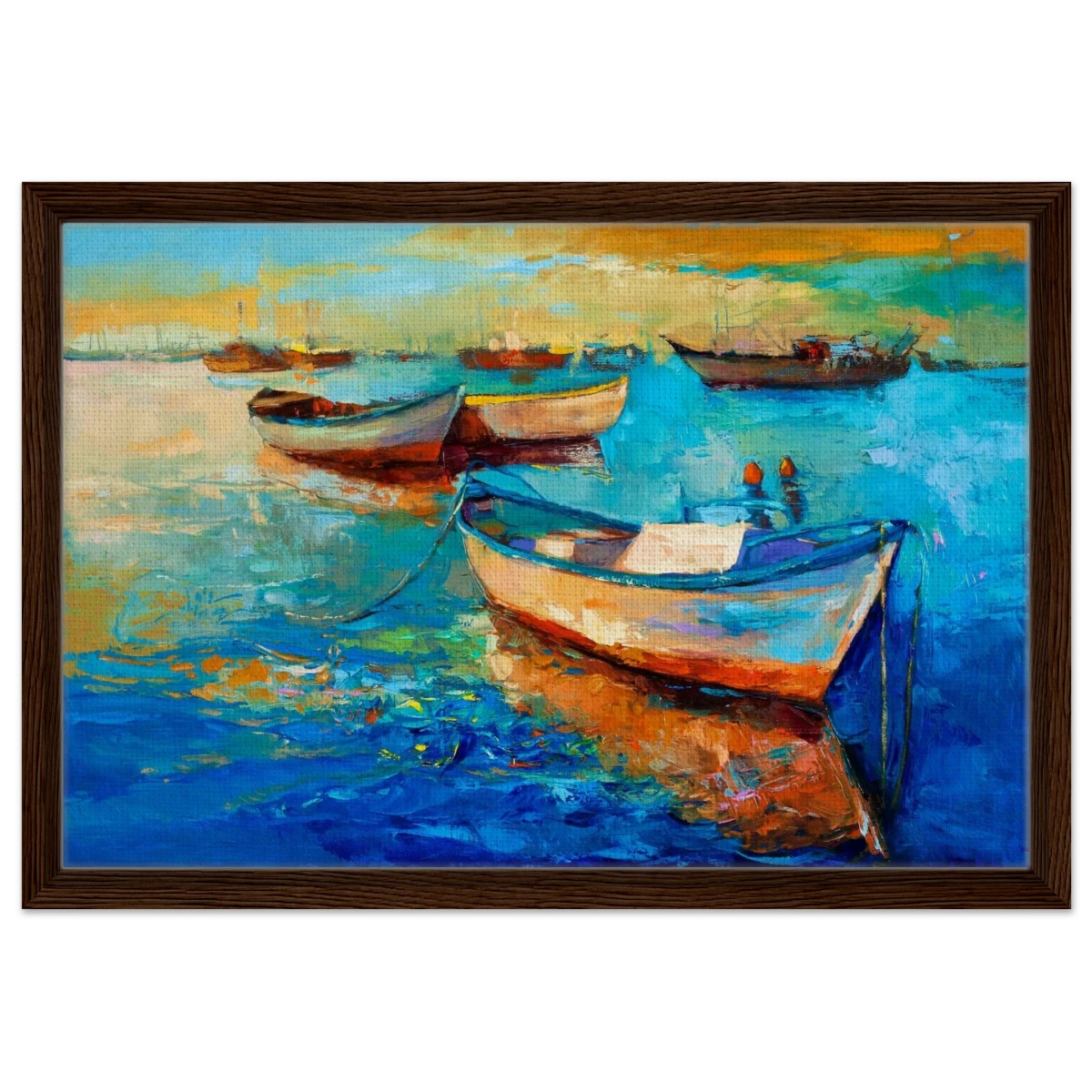 “Harbor Whispers” – Vibrant Boat Reflections on Canvas | Wall art Print - Framed Canvas - 40x60 cm / 16x24″ - Dark wood frame