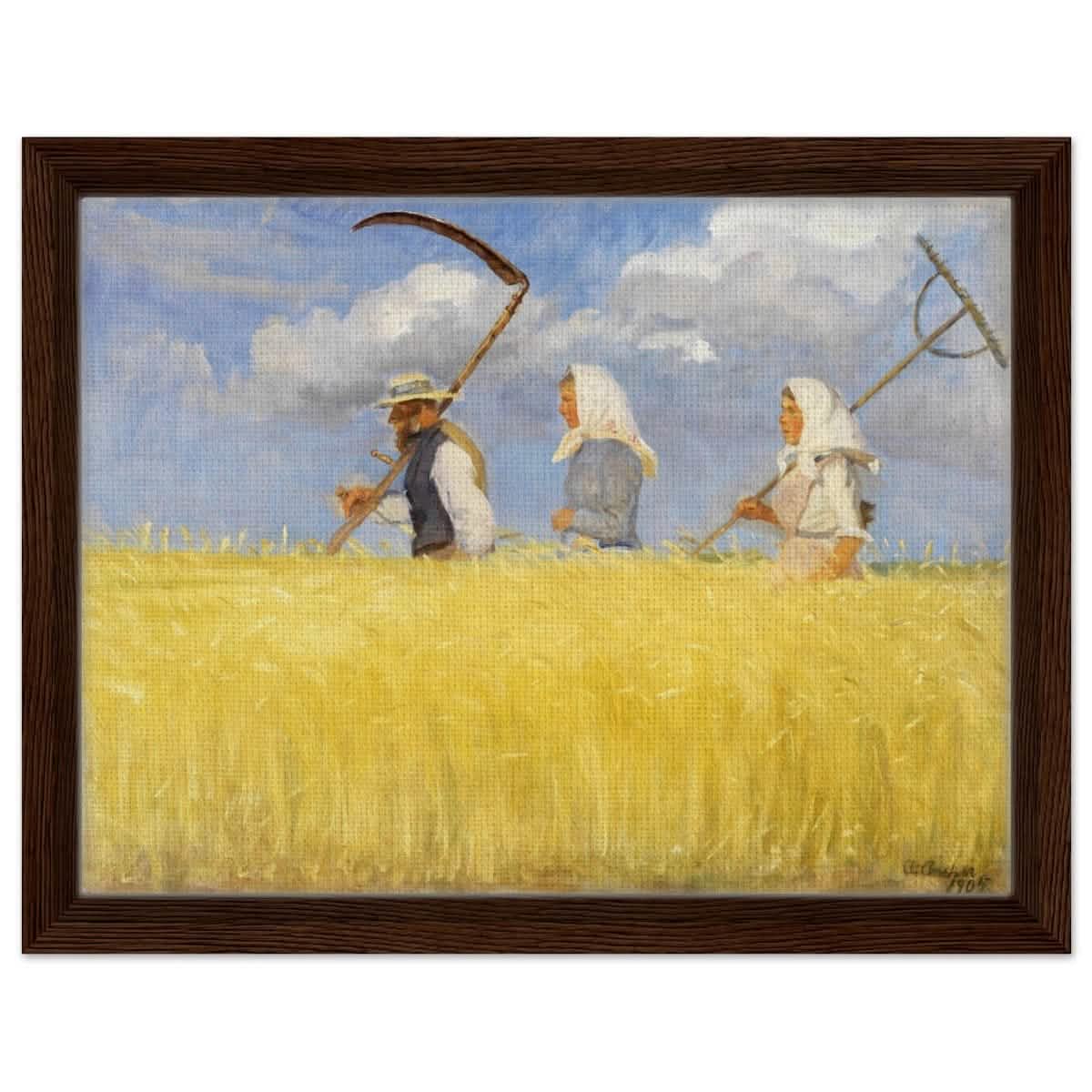 Harvesters by Anna Ancher (1905) | Vintage Art wall art print - Framed Canvas - 30x40 cm / 12x16″ - Dark wood frame