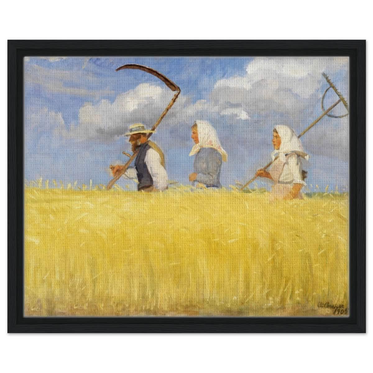 Harvesters by Anna Ancher (1905) | Vintage Art wall art print - Framed Canvas - 40x50 cm / 16x20″ - Black frame