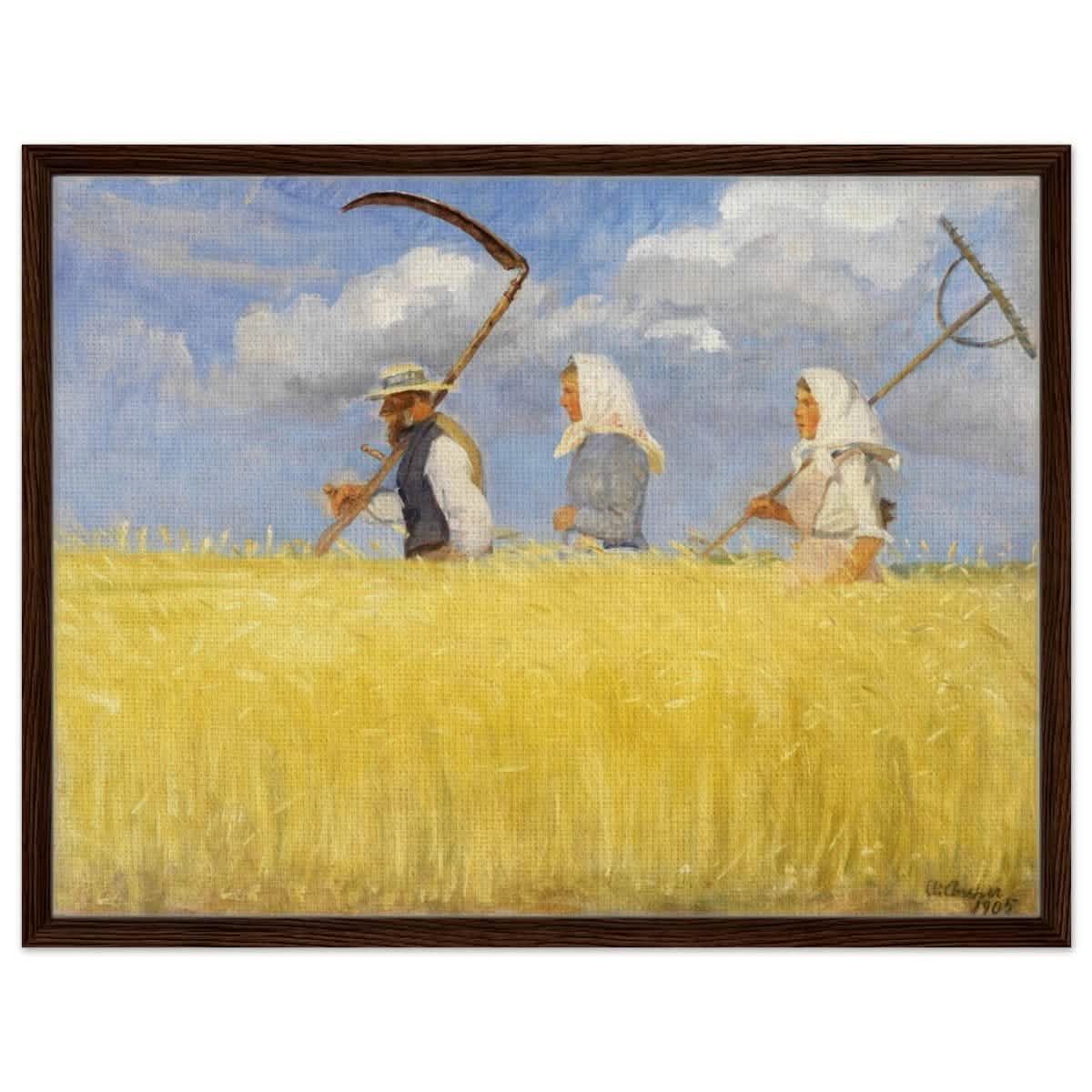 Harvesters by Anna Ancher (1905) | Vintage Art wall art print - Framed Canvas - 60x80 cm / 24x32″ - Dark wood frame