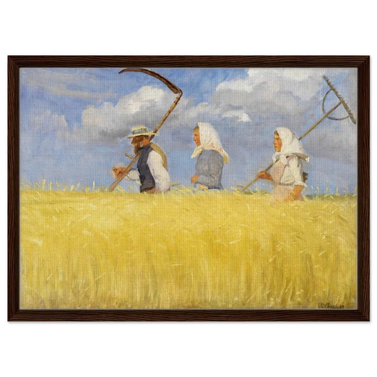 Harvesters by Anna Ancher (1905) | Vintage Art wall art print - Framed Canvas - 50x70 cm / 20x28″ - Dark wood frame