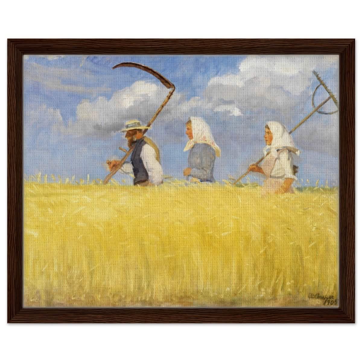 Harvesters by Anna Ancher (1905) | Vintage Art wall art print - Framed Canvas - 40x50 cm / 16x20″ - Dark wood frame