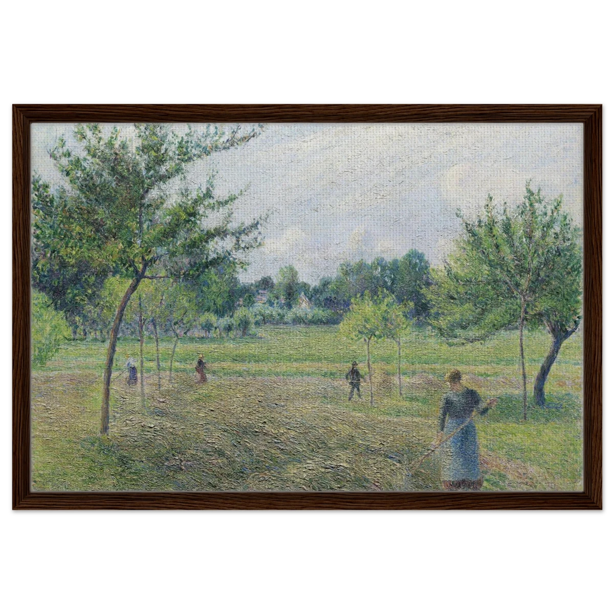 "Haymaking at Éragny" by Camille Pissarro – French Impressionist Rural Landscape Art Print - Framed Canvas - 50x75 cm / 20x30″ - Dark wood frame