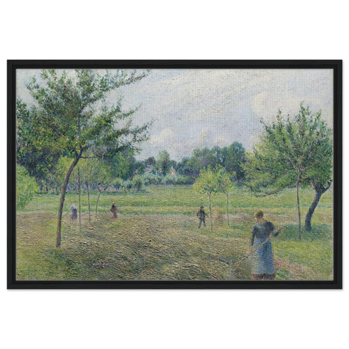 "Haymaking at Éragny" by Camille Pissarro – French Impressionist Rural Landscape Art Print - Framed Canvas - 60x90 cm / 24x36″ - Black frame