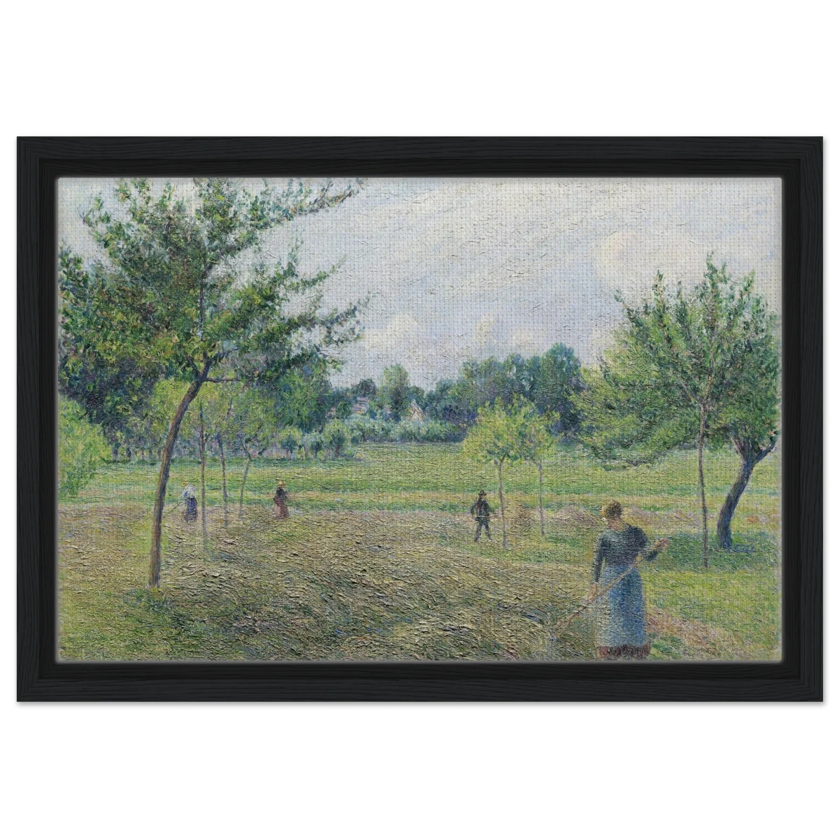 "Haymaking at Éragny" by Camille Pissarro – French Impressionist Rural Landscape Art Print - Framed Canvas - 30x45 cm / 12x18″ - Black frame
