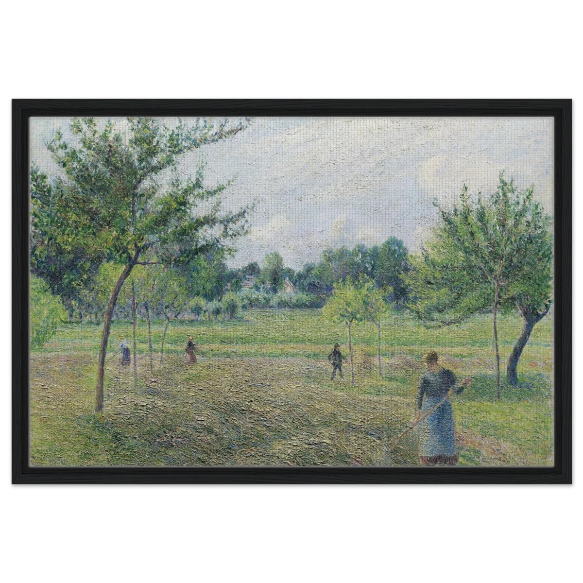 "Haymaking at Éragny" by Camille Pissarro – French Impressionist Rural Landscape Art Print - Framed Canvas - 50x75 cm / 20x30″ - Black frame