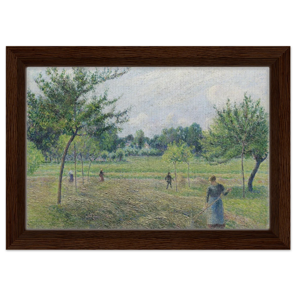 "Haymaking at Éragny" by Camille Pissarro – French Impressionist Rural Landscape Art Print - Framed Canvas - 20x30 cm / 8x12″ - Dark wood frame