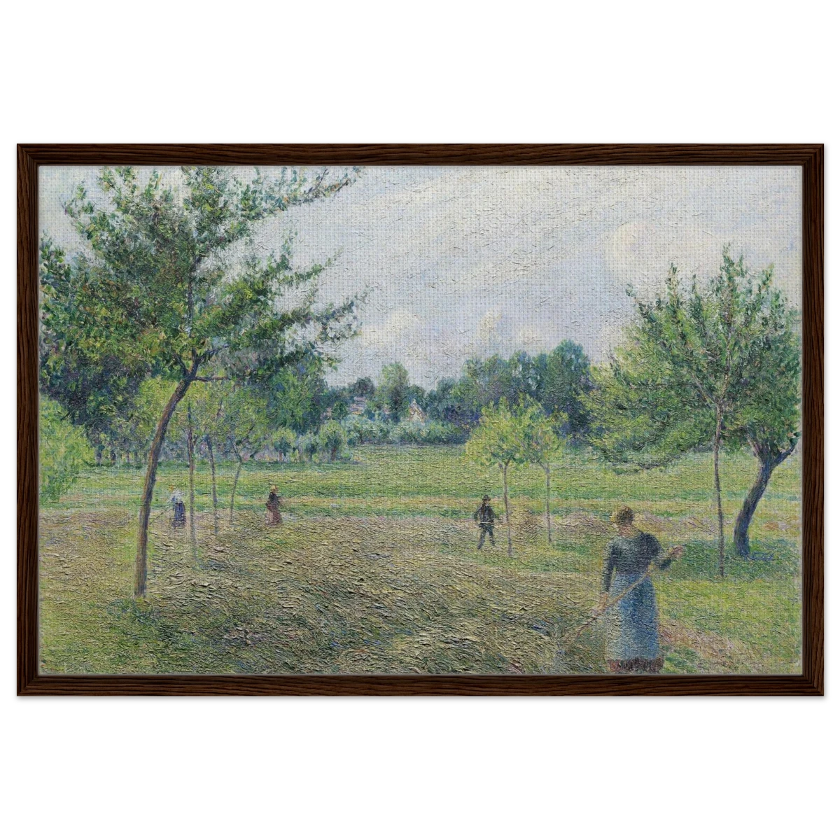 "Haymaking at Éragny" by Camille Pissarro – French Impressionist Rural Landscape Art Print - Framed Canvas - 60x90 cm / 24x36″ - Dark wood frame