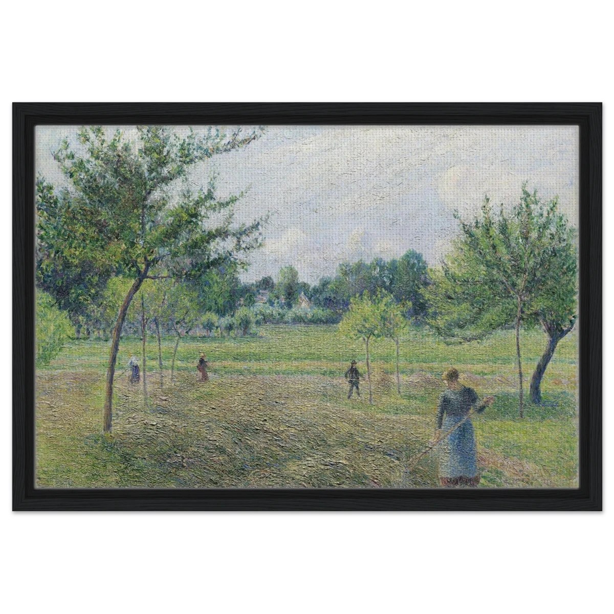 "Haymaking at Éragny" by Camille Pissarro – French Impressionist Rural Landscape Art Print - Framed Canvas - 40x60 cm / 16x24″ - Black frame