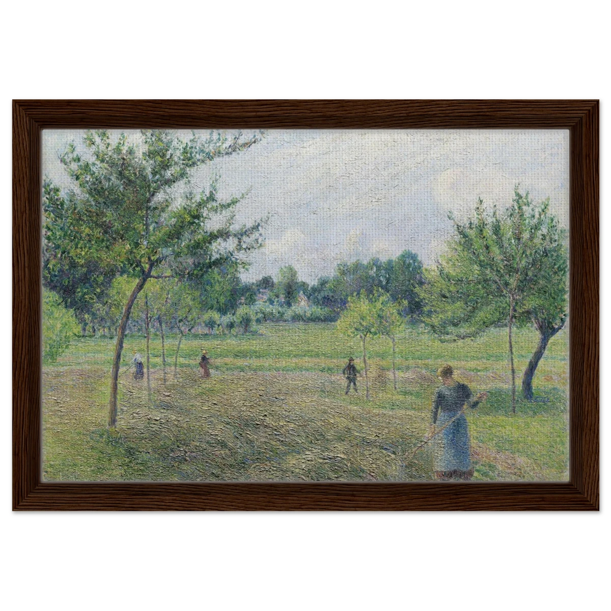 "Haymaking at Éragny" by Camille Pissarro – French Impressionist Rural Landscape Art Print - Framed Canvas - 30x45 cm / 12x18″ - Dark wood frame