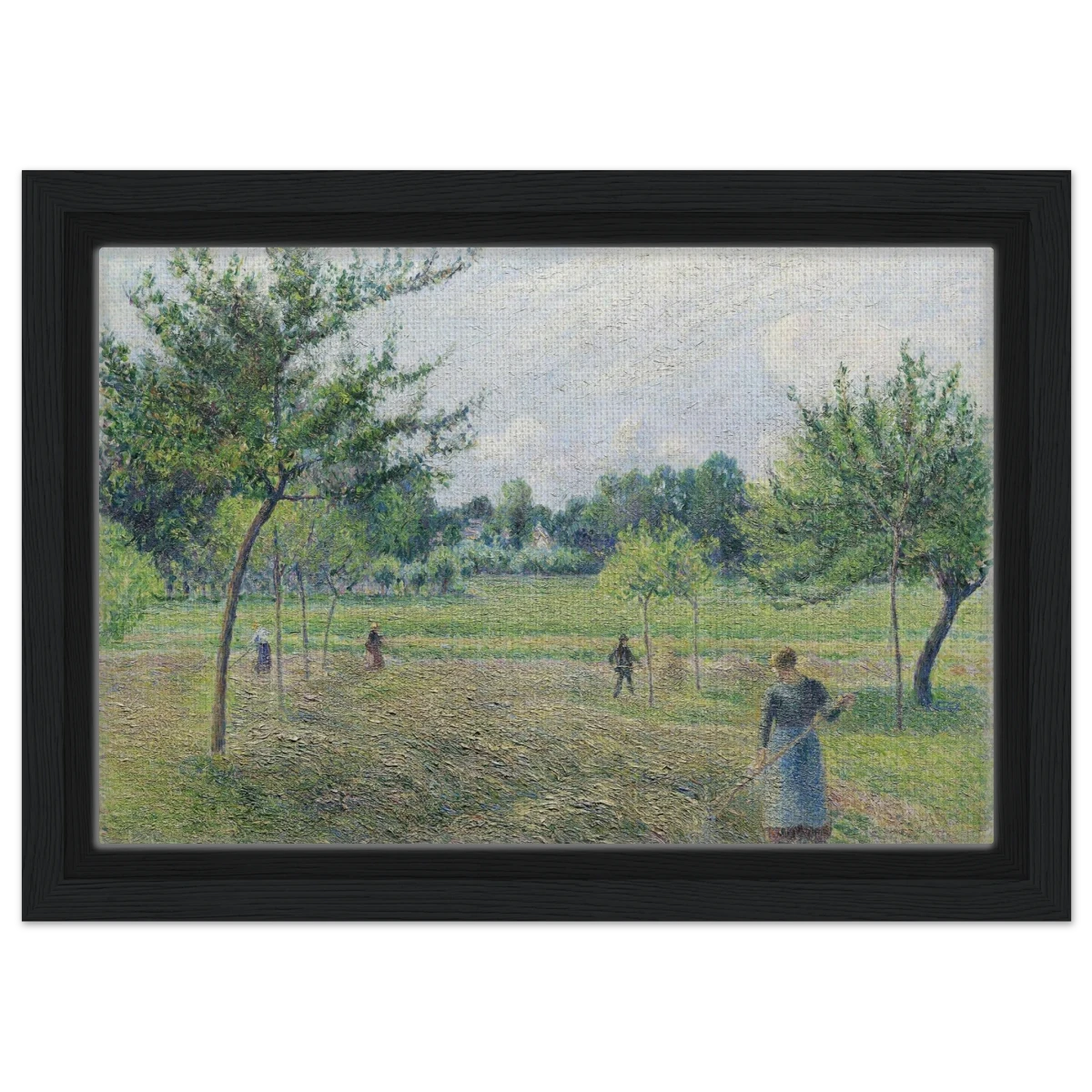"Haymaking at Éragny" by Camille Pissarro – French Impressionist Rural Landscape Art Print - Framed Canvas - 20x30 cm / 8x12″ - Black frame
