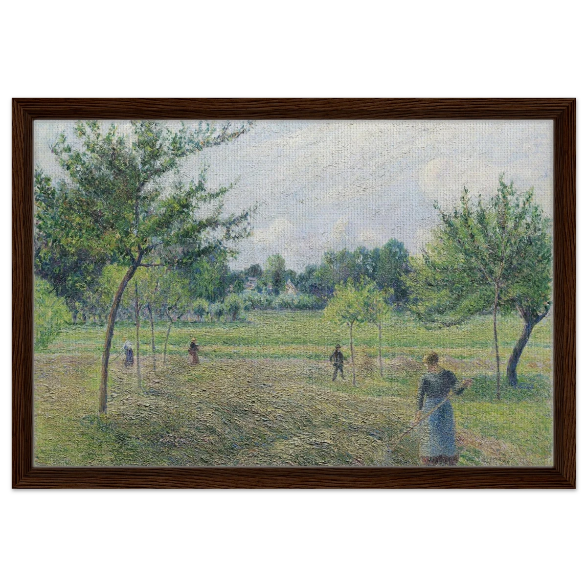 "Haymaking at Éragny" by Camille Pissarro – French Impressionist Rural Landscape Art Print - Framed Canvas - 40x60 cm / 16x24″ - Dark wood frame