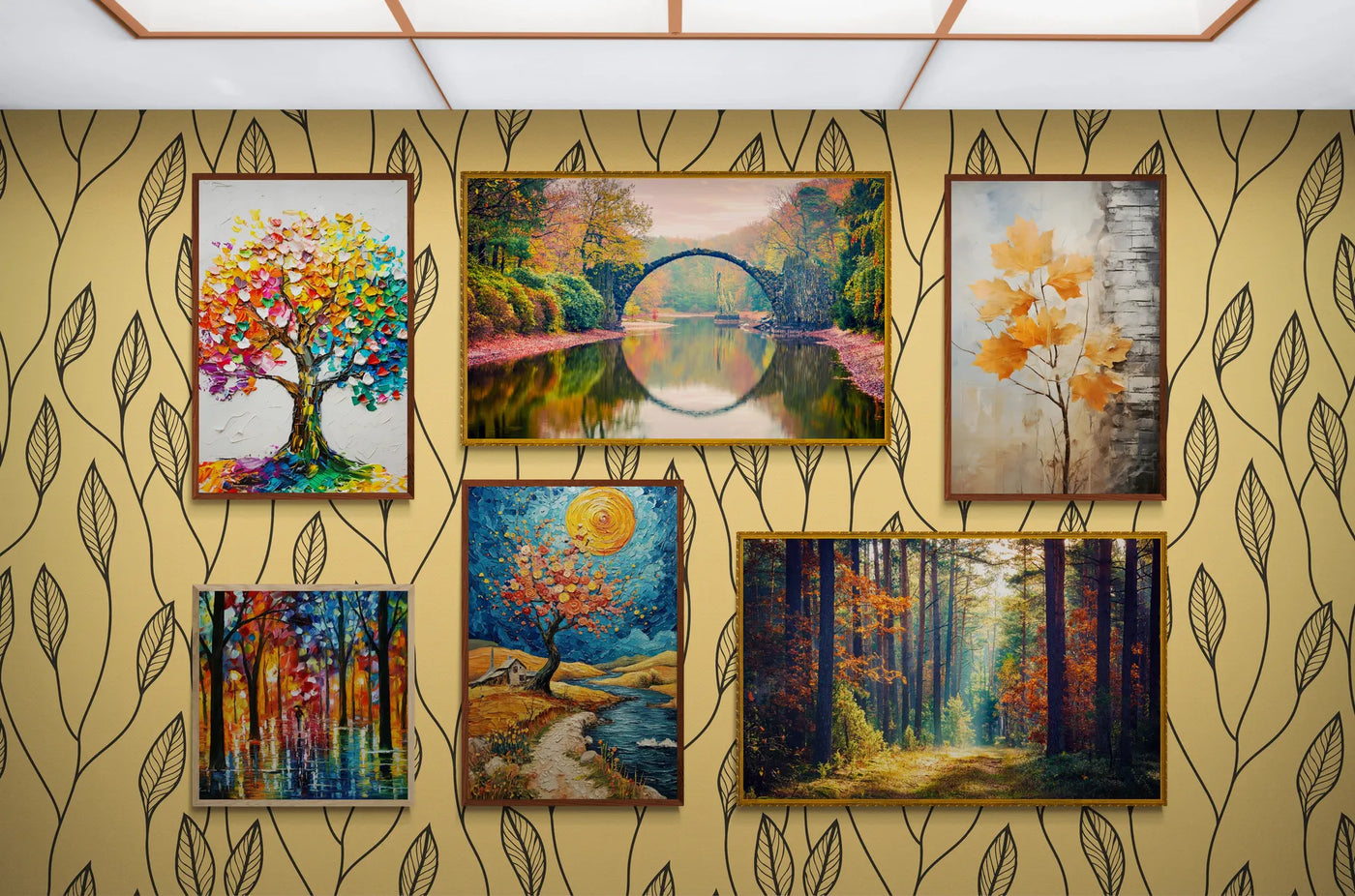 Set of colorful paintings on a wall with leaf patterns