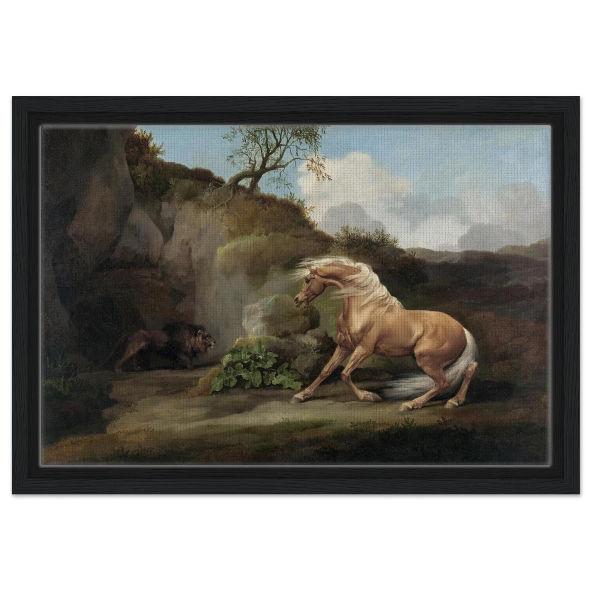 Horse Frightened by a Lion – George Stubbs Wall Art Print - Framed Canvas - 30x45 cm / 12x18″ - Black frame