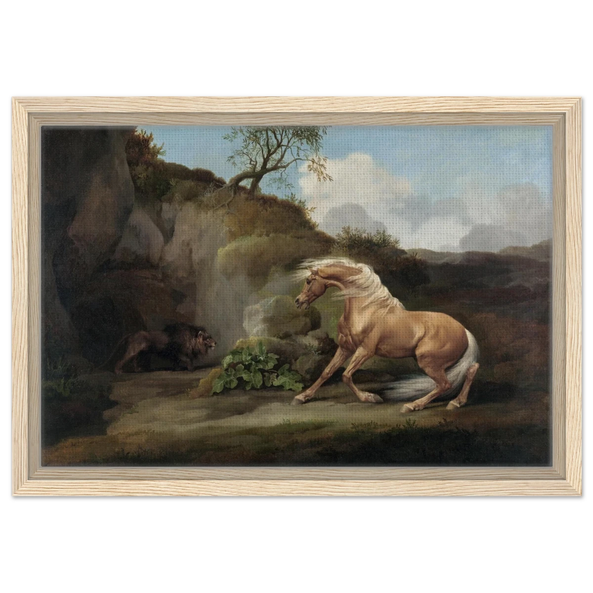Horse Frightened by a Lion – George Stubbs Wall Art Print - Framed Canvas - 30x45 cm / 12x18″ - Wood frame
